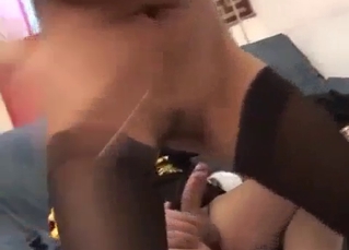Black-haired relative jumps on a massive prick